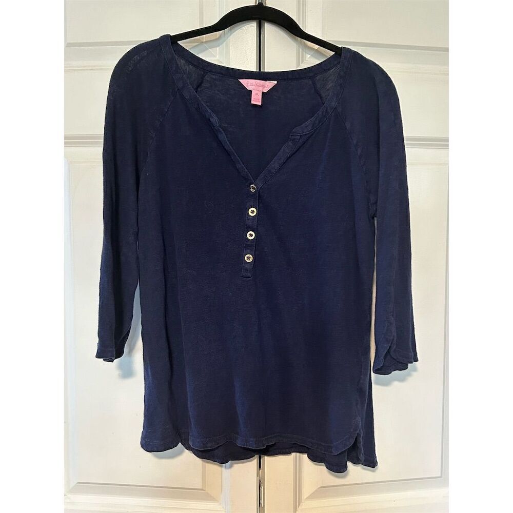 Lilly Pulitzer Women's 3/4 Sleeve Button-Up Top Navy Blue Size M
